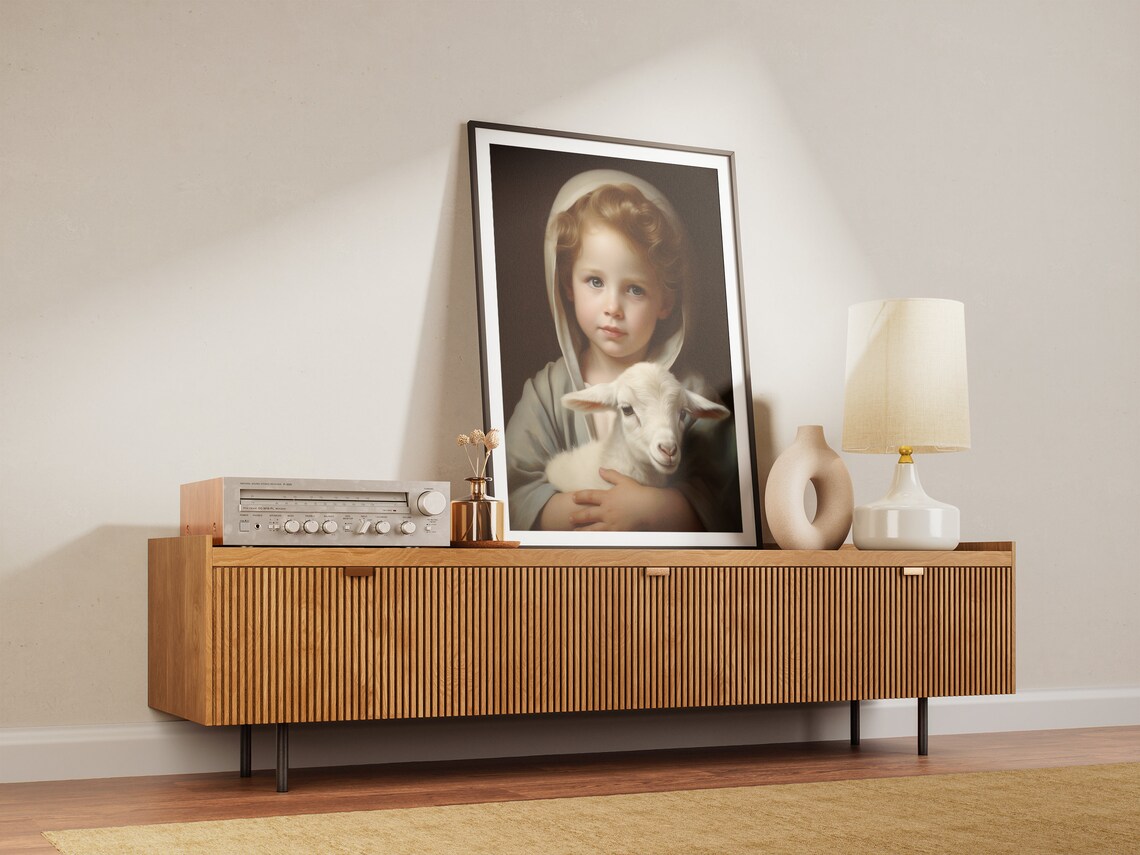 Child Jesus With Lamb Dark Classical Portrait Reverent Art Poster - Image 3