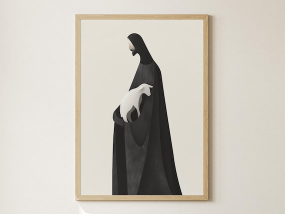 Minimalist Black Jesus Silhouette White Lamb Modern Christian Art Poster