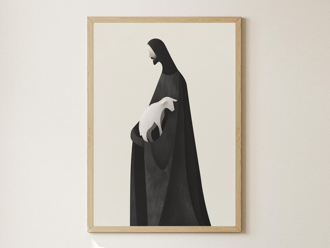 Minimalist Black Jesus Silhouette White Lamb Modern Christian Art Poster