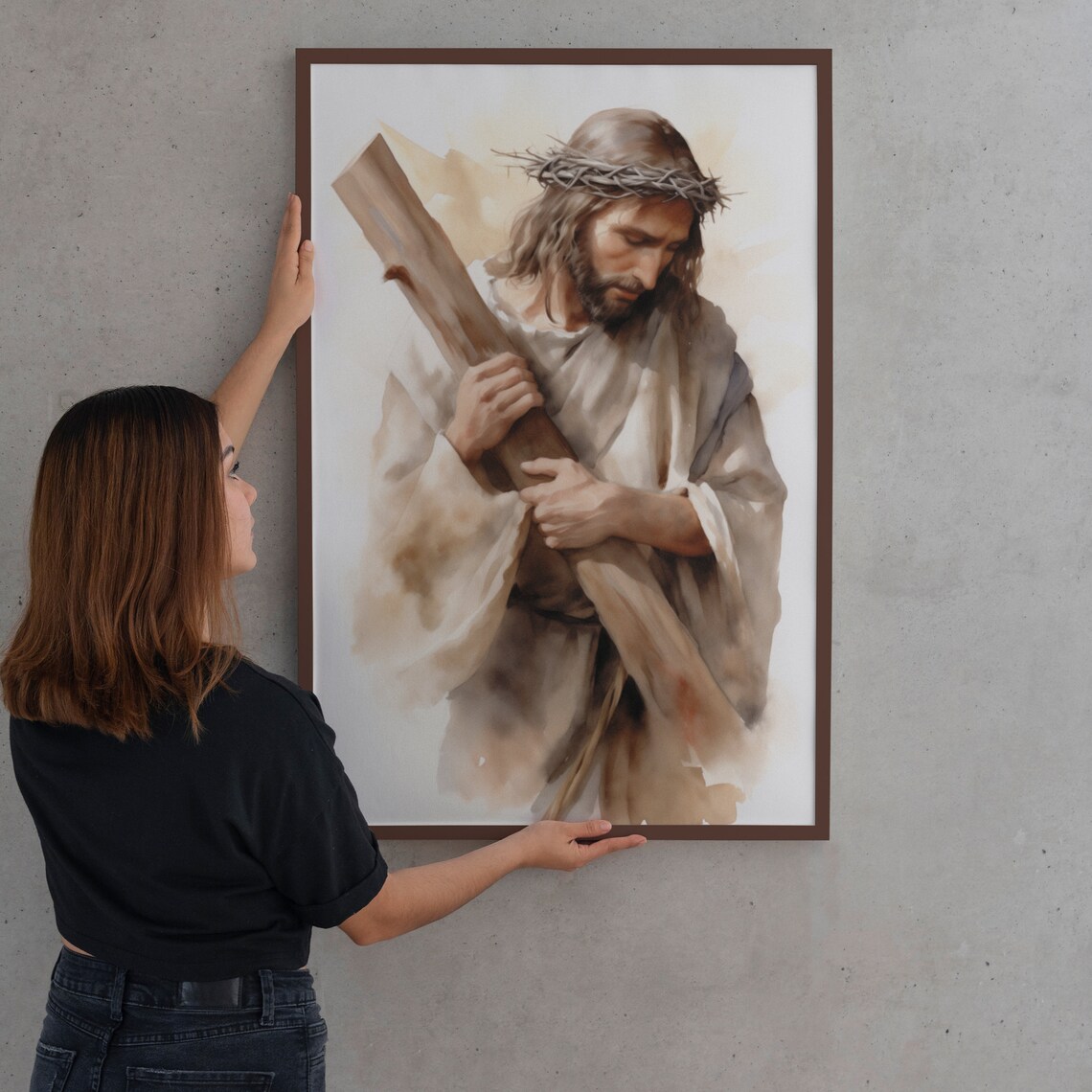 Jesus With Crown of Thorns Carrying Cross Watercolor Art Poster - Image 2