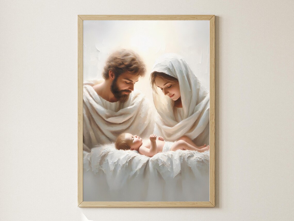 Nativity Scene Joseph Mary Baby Jesus Watercolor Christmas Art Poster
