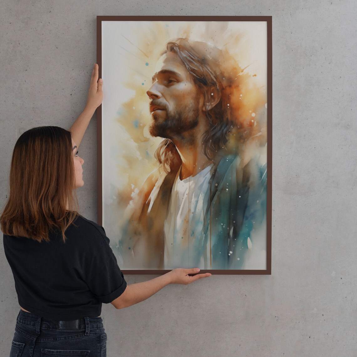 Jesus Christ Profile Radiant Glowing Watercolor Portrait Art Poster - Image 2
