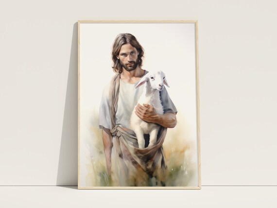 Jesus Christ Good Shepherd Holding Lamb Meadow Watercolor Art Poster
