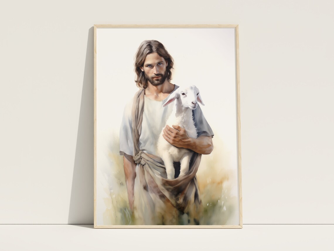 Jesus And Lamb Print The Good Shepherd Art Bible Print Christian Wall Art Jesus Painting Jesus Leaves The 99 Jesus Poster Church Decor
