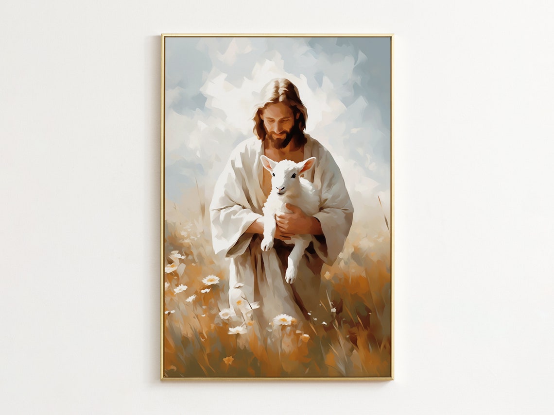 Jesus Holding Lamb in Golden Wheat Field Painterly Art Poster