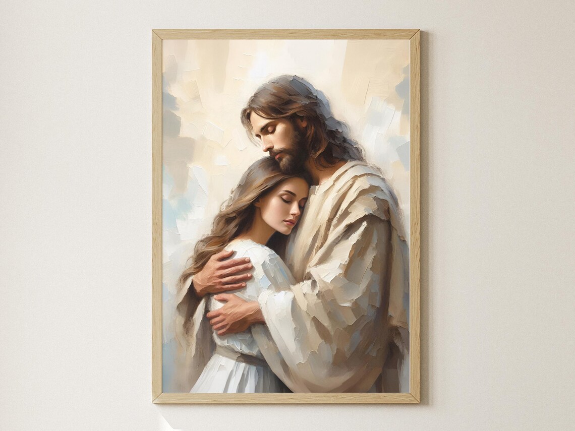 Close To His Heart Jesus Hugging Woman Art