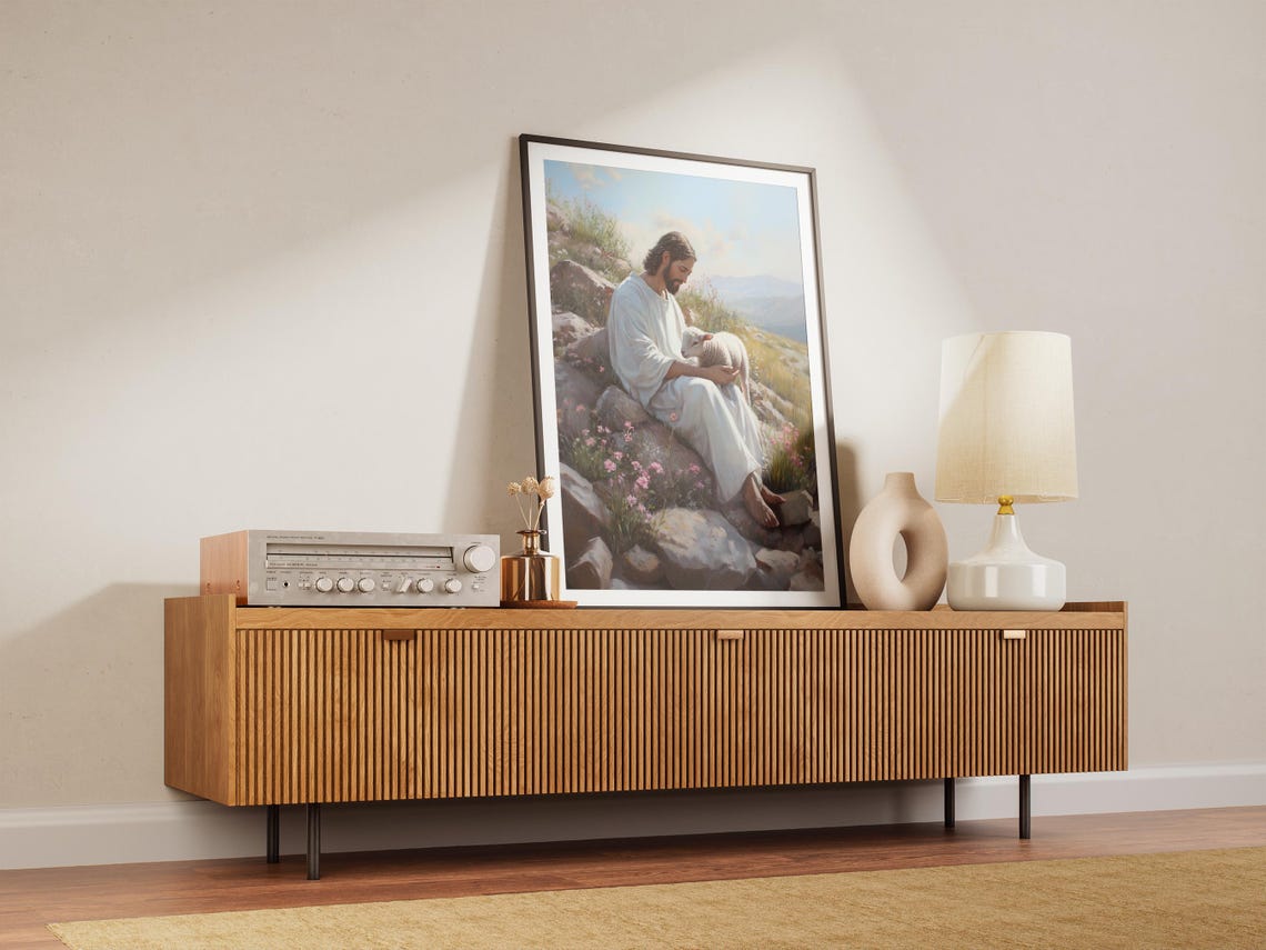 Jesus Sitting on Mountain Rocks Holding Lamb Spring Art Poster - Image 2