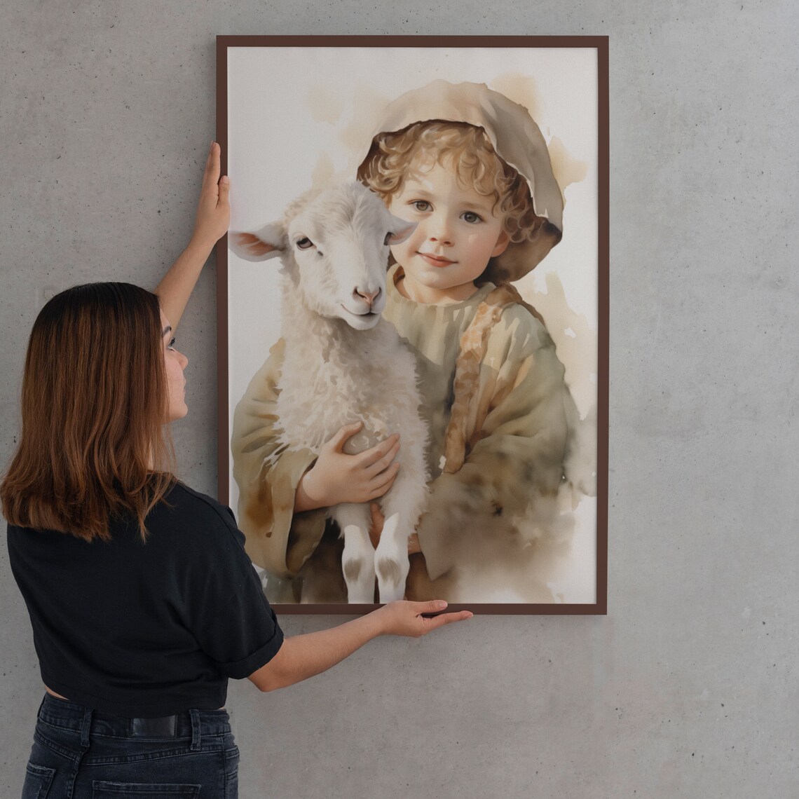 Little Jesus With Lamb Good Shepherd Watercolor Kids Room Art Poster - Image 2