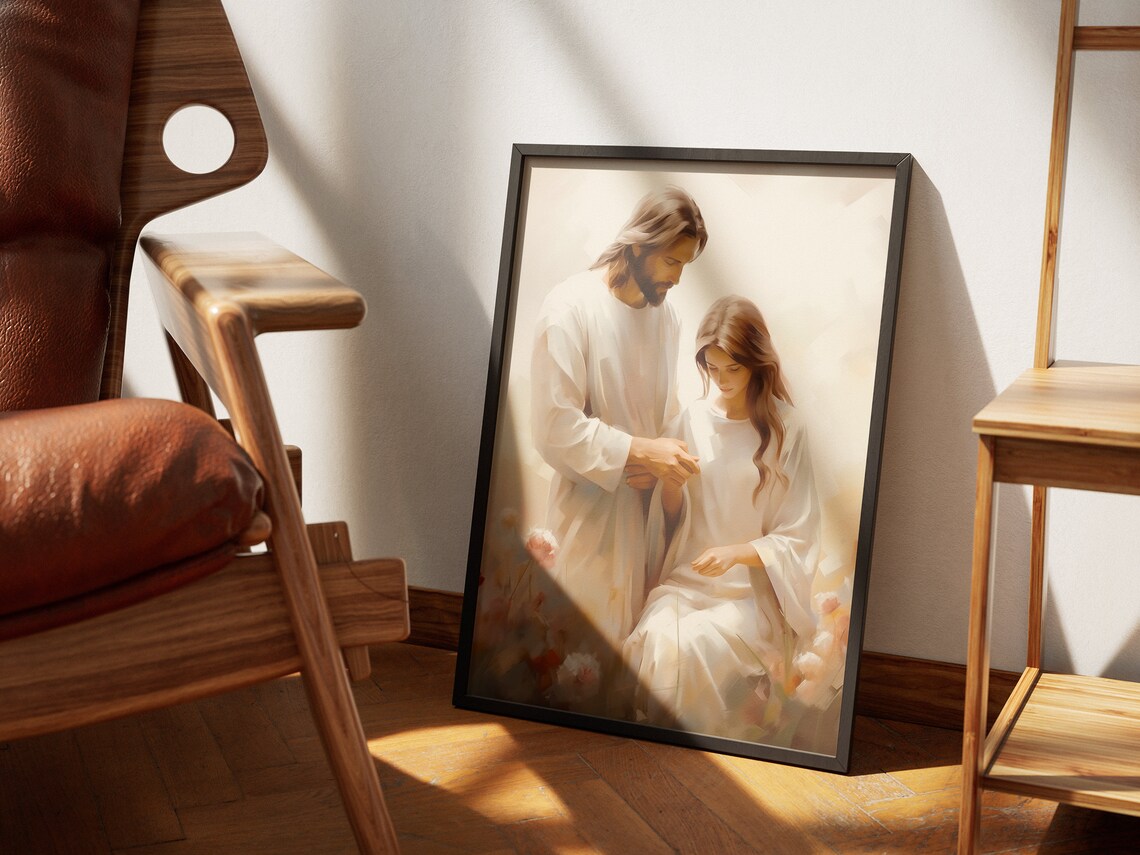 Jesus Comforting Woman in Flower Field Gentle Faith Art Poster - Image 2