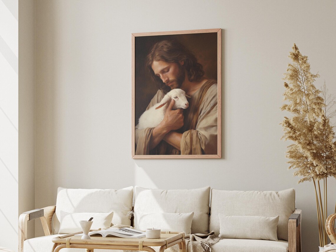 Jesus Christ Holding Lamb Close Oil Painting Tender Faith Art Poster - Image 3