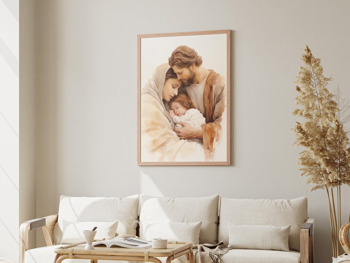 Holy Family Tender Embrace Watercolor Christian Faith Art Poster - Image 3