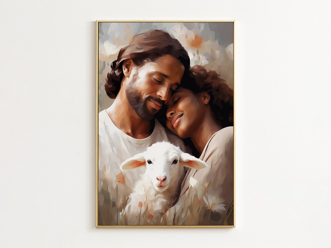 Jesus Christ Embracing Woman Lamb Painting Tender Faith Art Poster