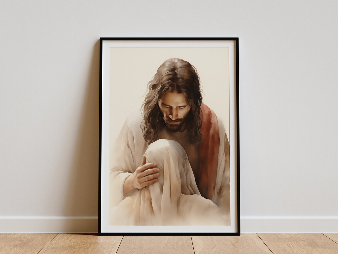 Jesus Christ Comforting Embrace Watercolor Christian Art Faith Poster - Image 3