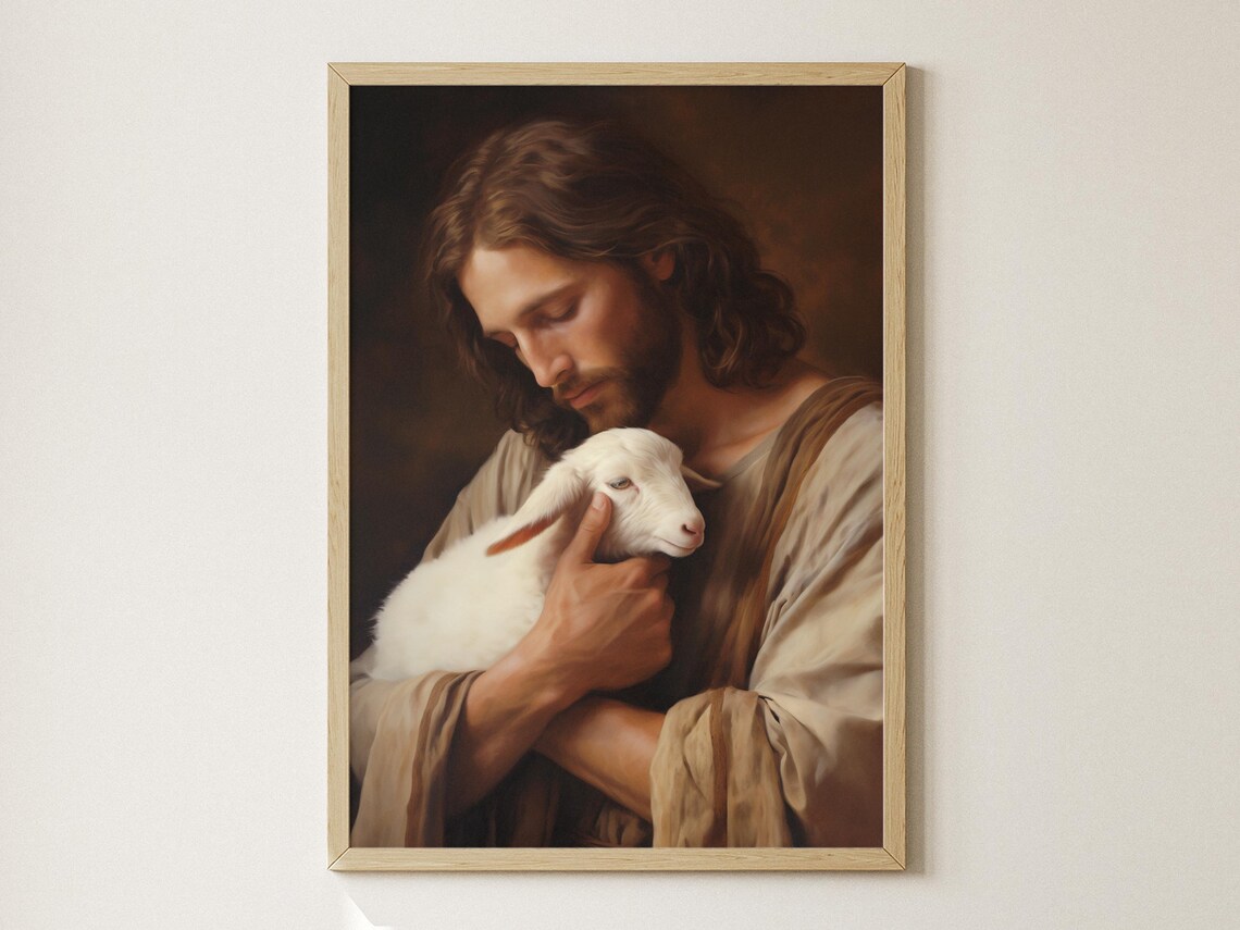 Jesus Christ Holding Lamb Close Oil Painting Tender Faith Art Poster