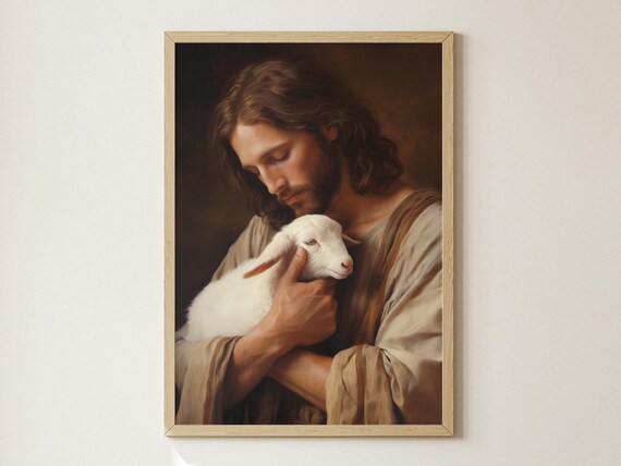 Jesus Christ Holding Lamb Close Oil Painting Tender Faith Art Poster