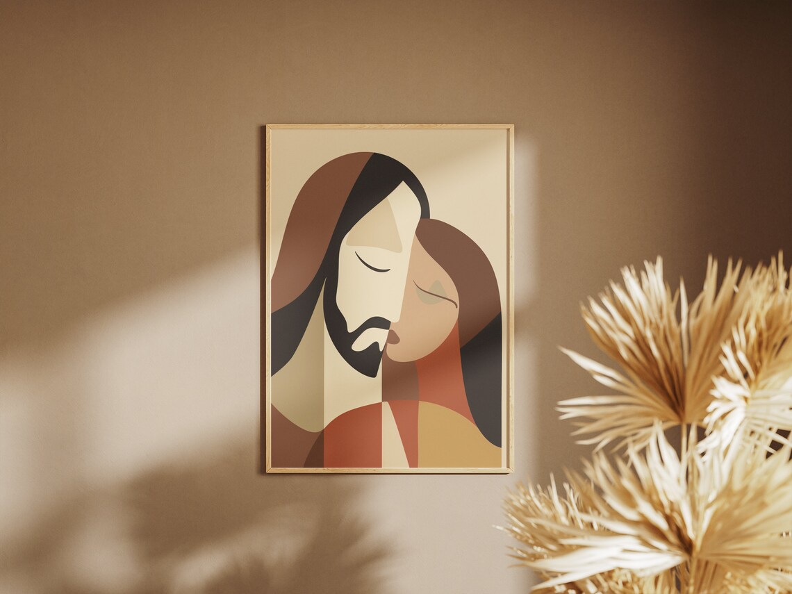 Jesus and Woman Abstract Boho Faces Painting Warm Faith Art Poster - Image 3