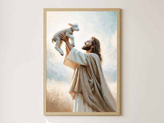 Jesus Christ Lifting Lamb to Heaven Joyful Christian Art Gift Poster