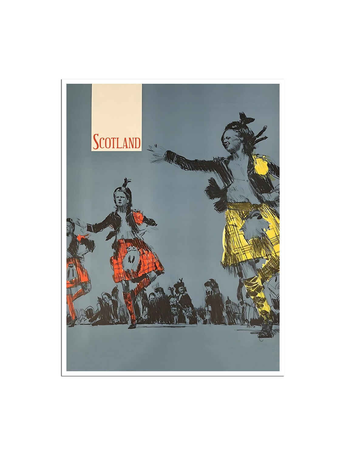 Scotland Highland Dancers Kilts Sketch Style Vintage Travel Poster