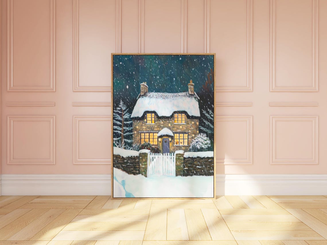 Snowy Stone Cottage with Lit Windows on Winter Night Painting Poster - Image 3