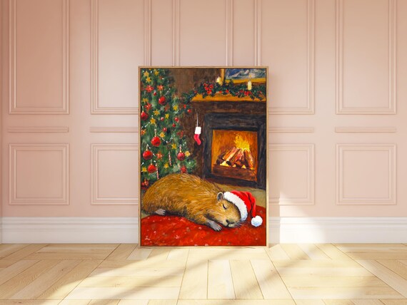 Capybara Christmas Wall Art Capy Christmas Capybara Art Capybara Gift Capybara Cafe Poster Capybara Painting Cute Winter Wall Art