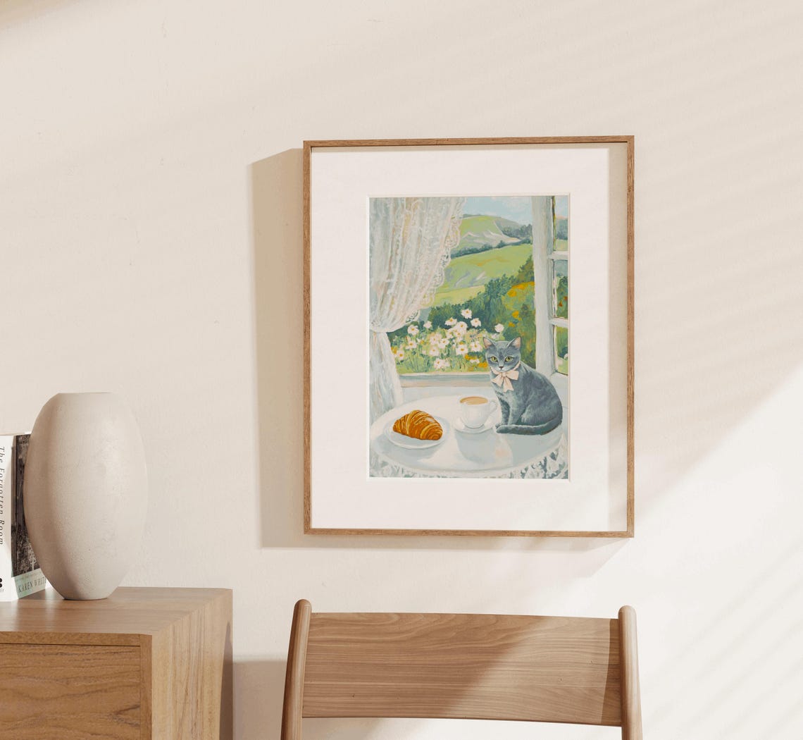 Grey Cat Cafe Coffee Croissant Window View Watercolor Wall Art - Image 3