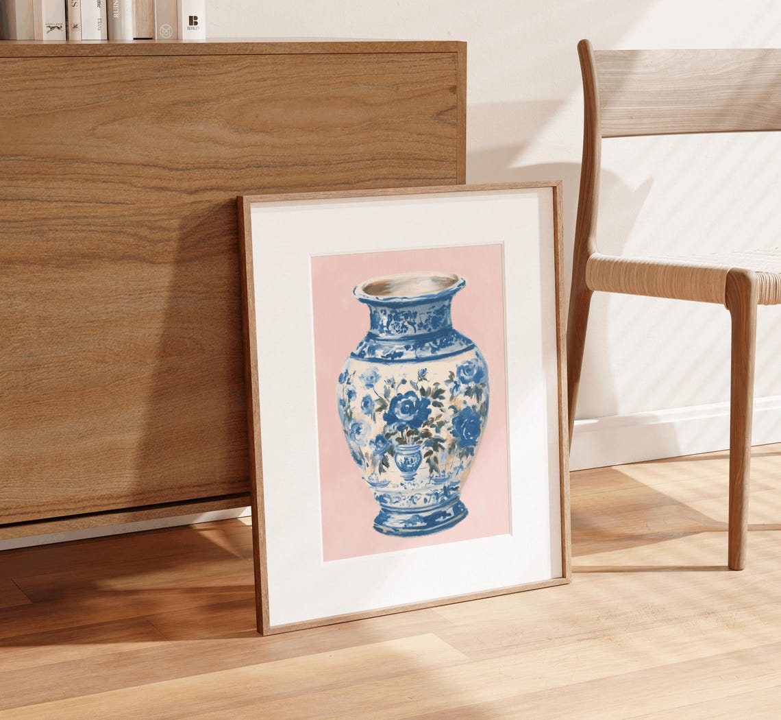 Blue Chinoiserie Vase Painting Floral Porcelain On Pink Poster