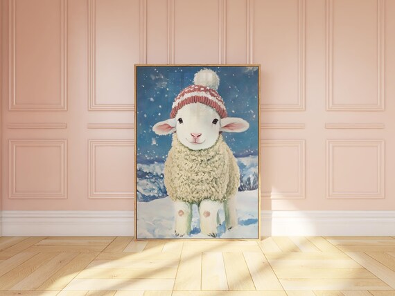 Winter Lamb Art Farm Nursery Decor Sheep Wall Art Cute Barnyard Playroom Decor Farmyard Baby Lamb Art Print