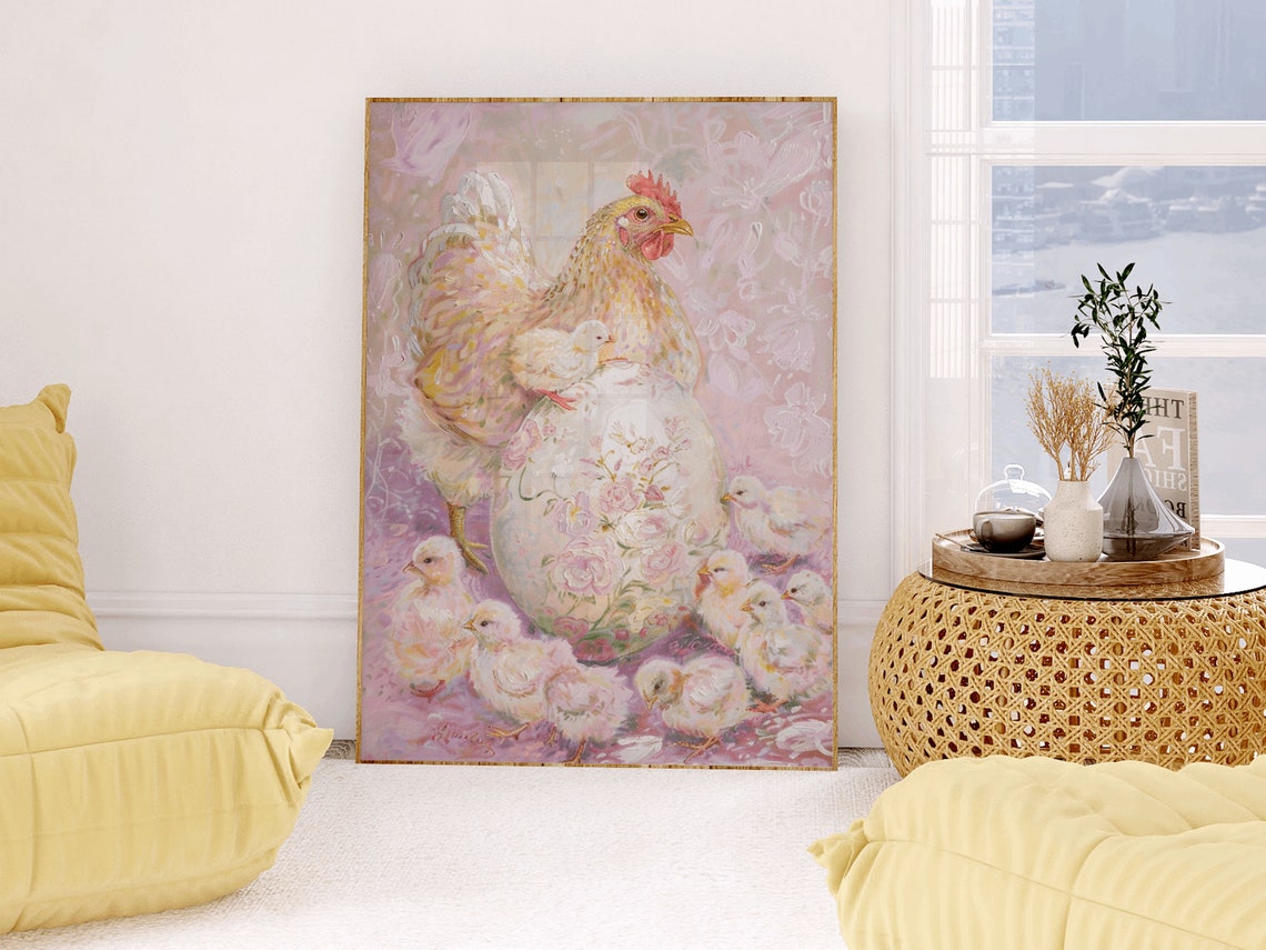 Hen with Baby Chicks and Floral Easter Egg Farmhouse Art Print - Image 2