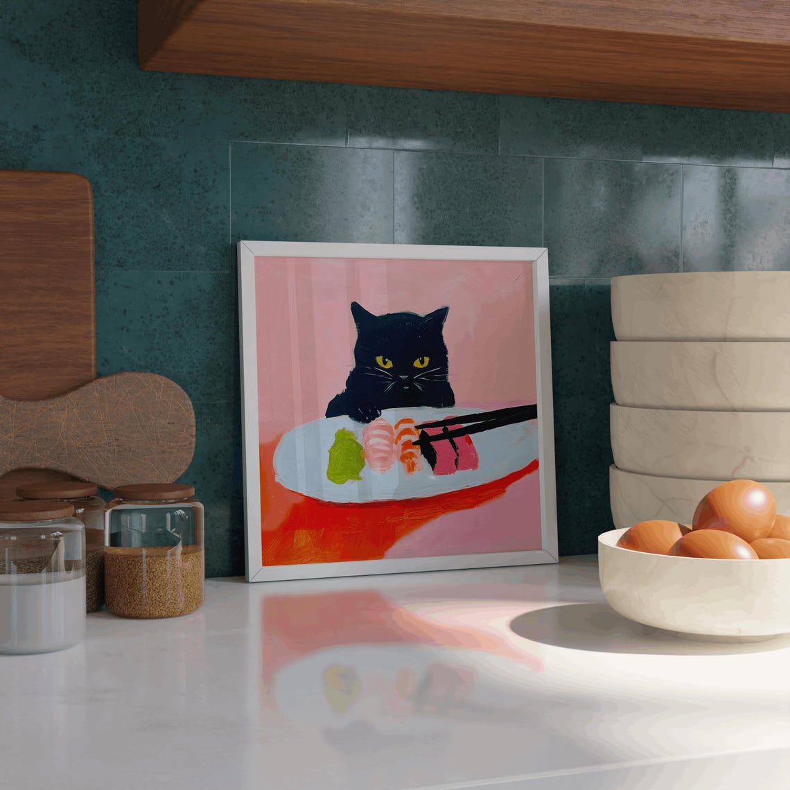 Black Cat Eating Sushi Dinner Pink Background Cute Cat Poster - Image 3