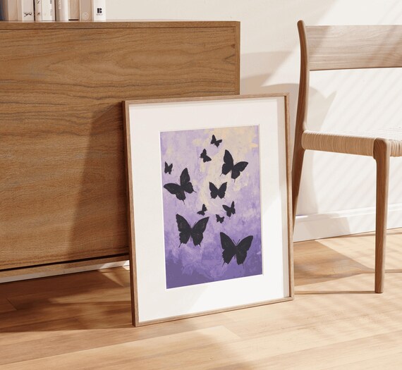 Black Butterflies Halloween Painting Lavender Moth Wall Art Print Spooky Cute Girls Room Witchy Pastel