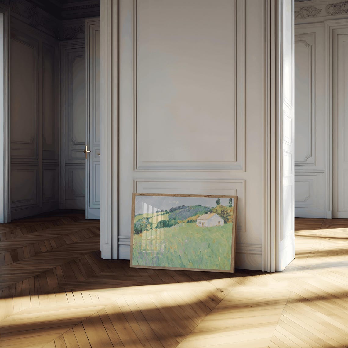White Farmhouse In Green Meadow Painting Cottage Hills Poster - Image 2
