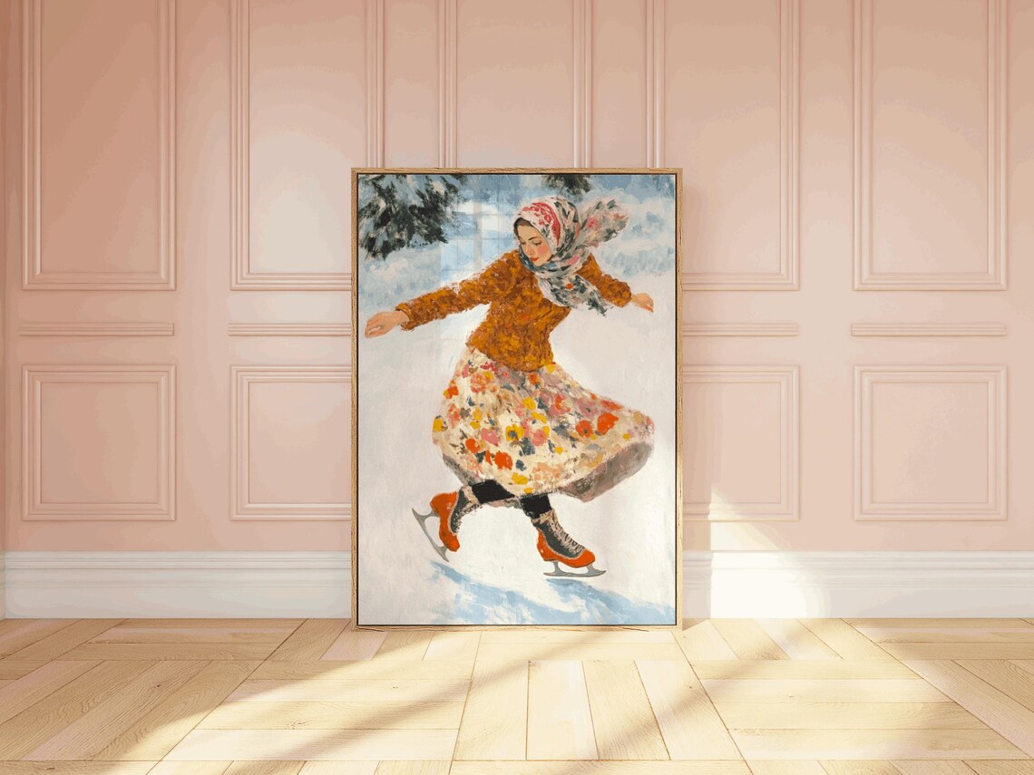 Classy Woman Ice Skating Vintage Christmas Art Print
