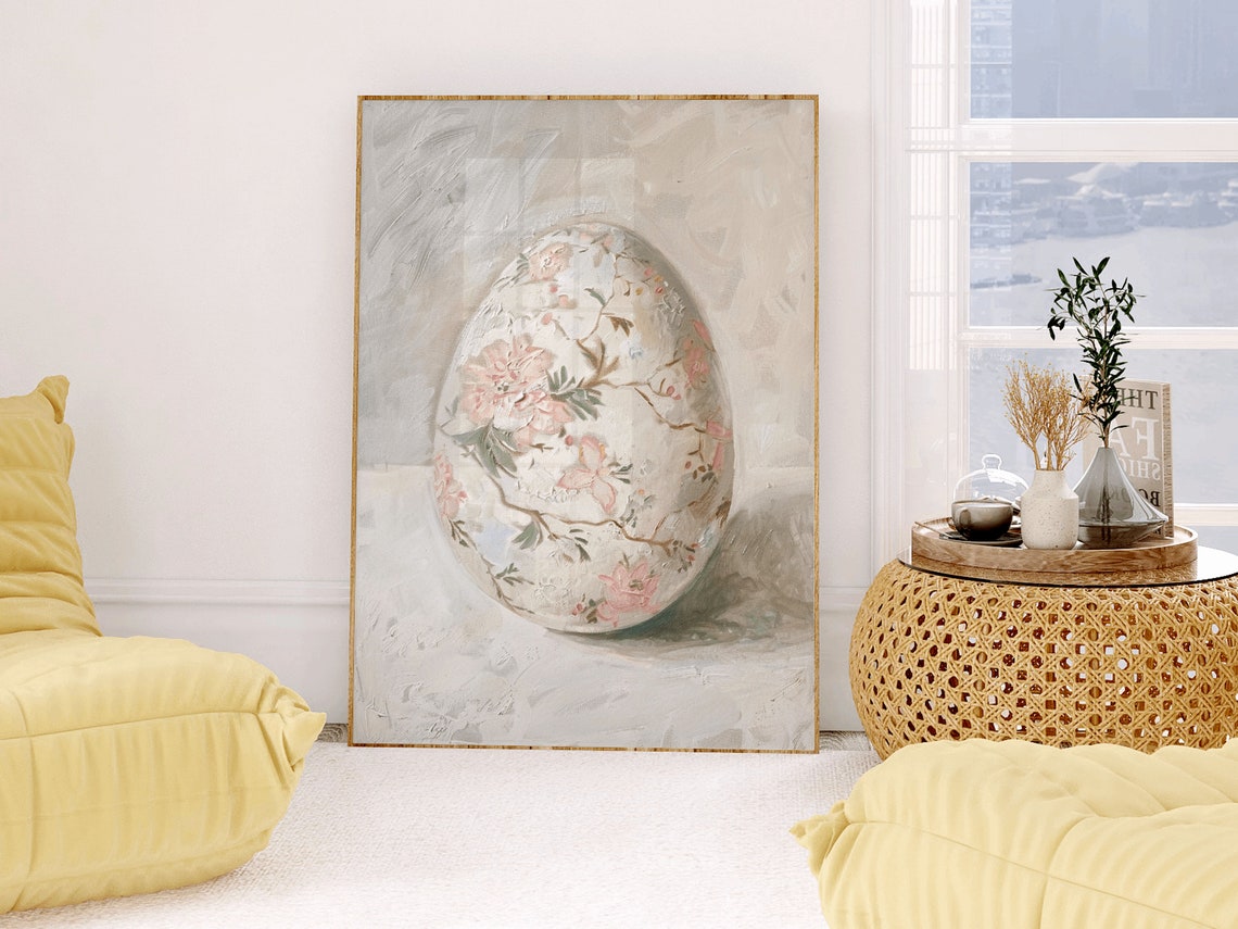 Floral Chinoiserie Easter Egg Neutral Still Life Painting Art Print - Image 2