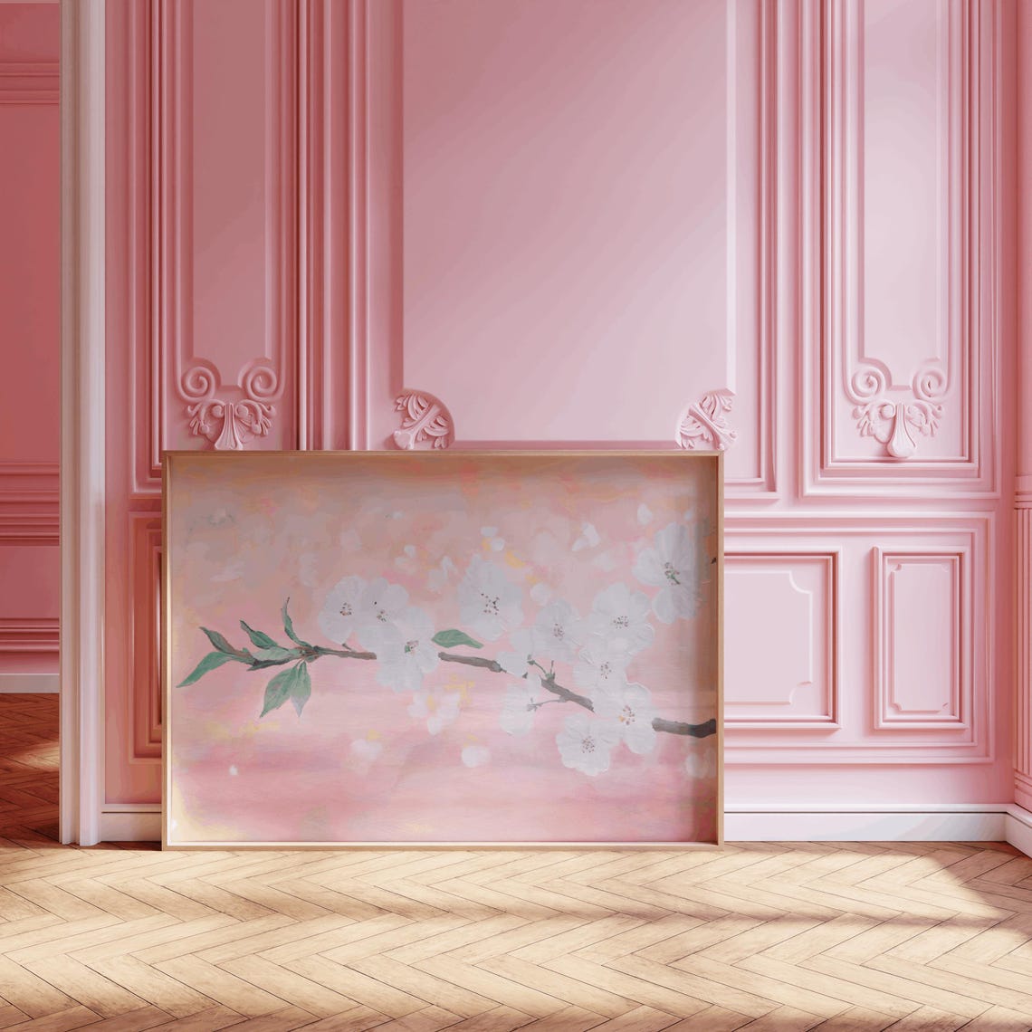 Cherry Blossom Branch Painting White Blossoms Pink Spring Poster