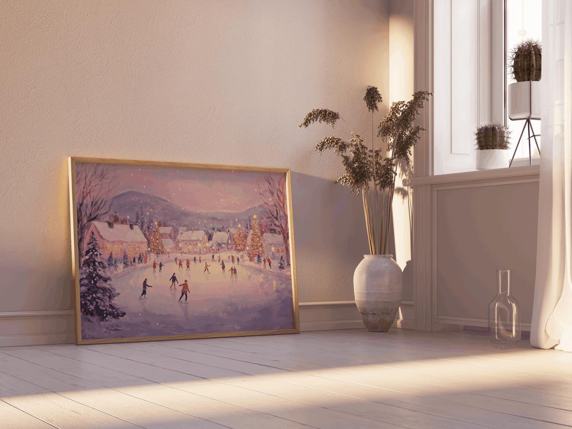 Village Ice Skating Pond Dusk Cottages Winter Painting Poster - Image 2