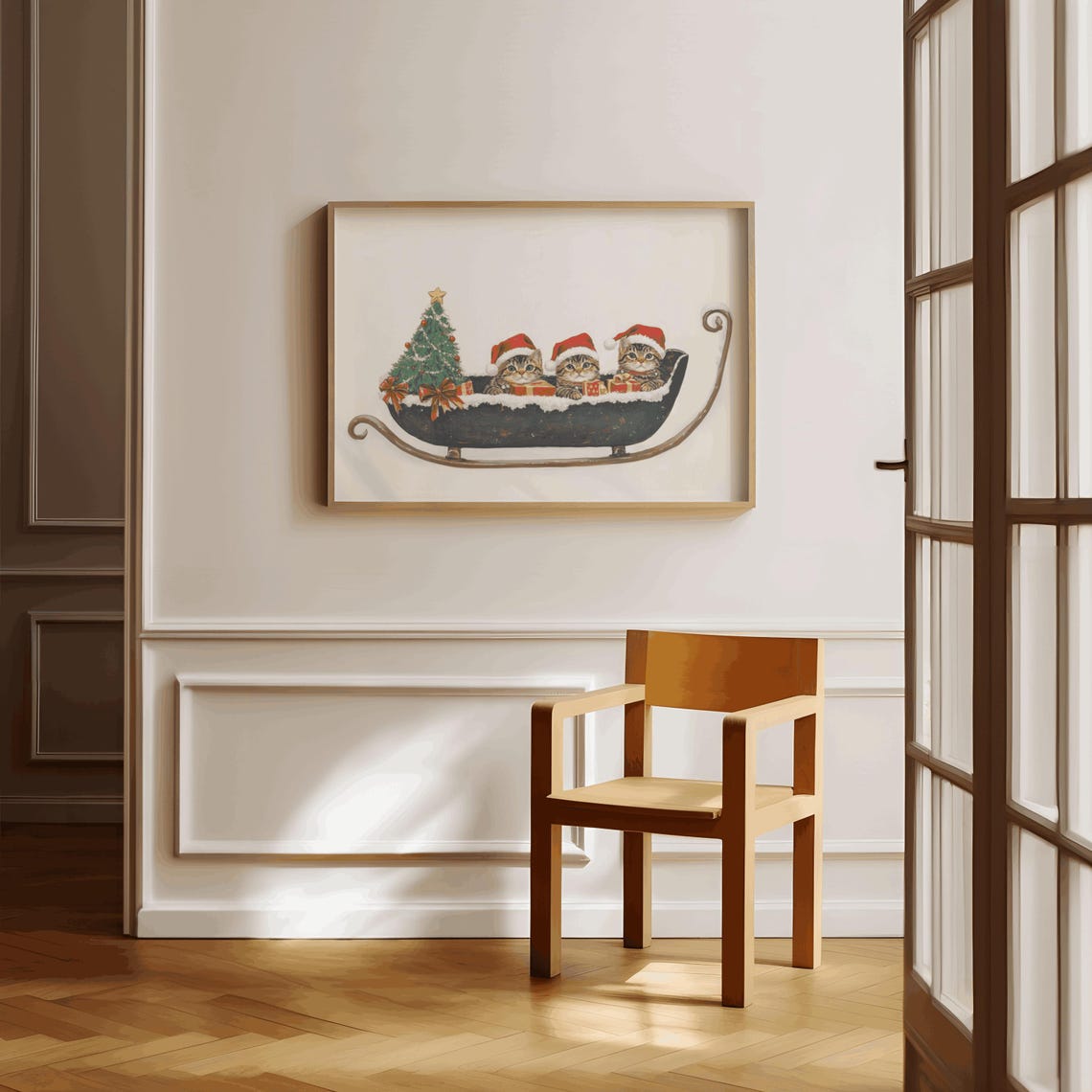 Three Tabby Cats Santa Hats Christmas Sleigh Painting Poster - Image 3
