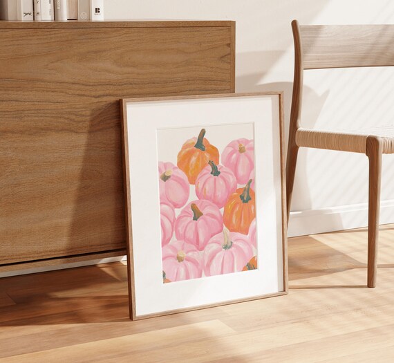 Pink Orange Pumpkins Pastel Watercolor Fall Autumn Harvest Print
