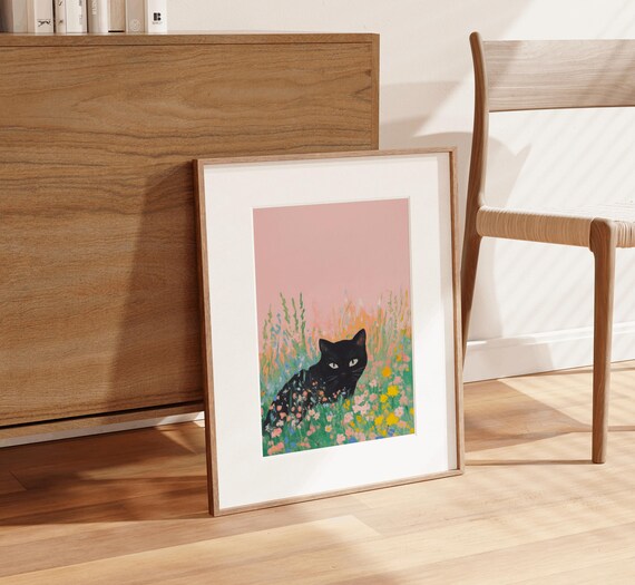 Black Cat Spring Art Cute Black Cat Floral Cat Print Floral Art Print Cat Art Print Cat Monet Print Black Cat Decor Wildflower Art