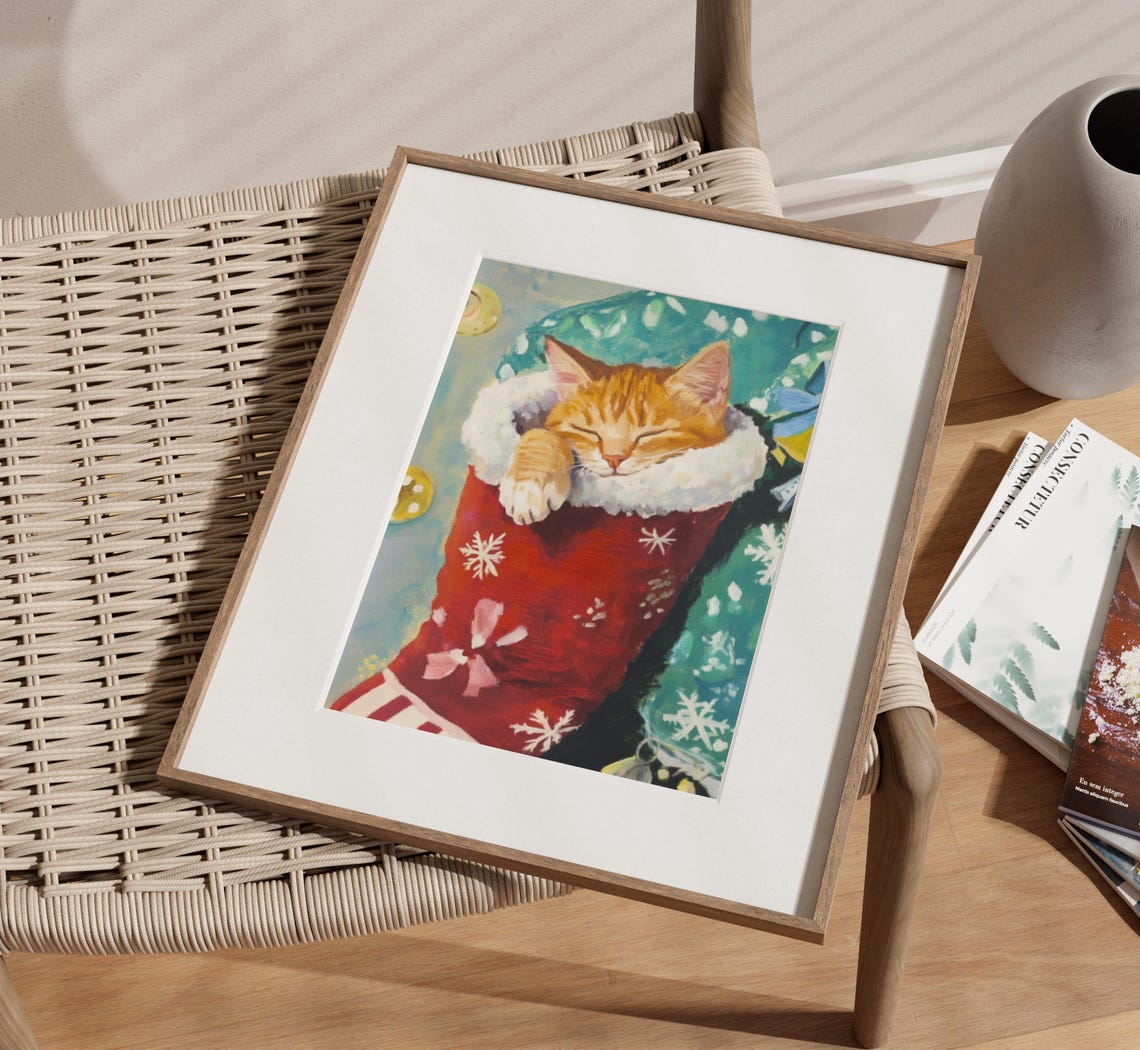 Sleeping Ginger Cat Red Christmas Stocking Cozy Holiday Poster - Image 3