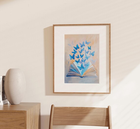 Open Book Blue Butterflies Flying Magic Reading Watercolor Poster