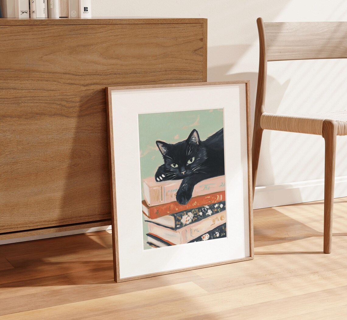 Black Cat Book Lover Art Print, Apartment Aesthetic - Image 3