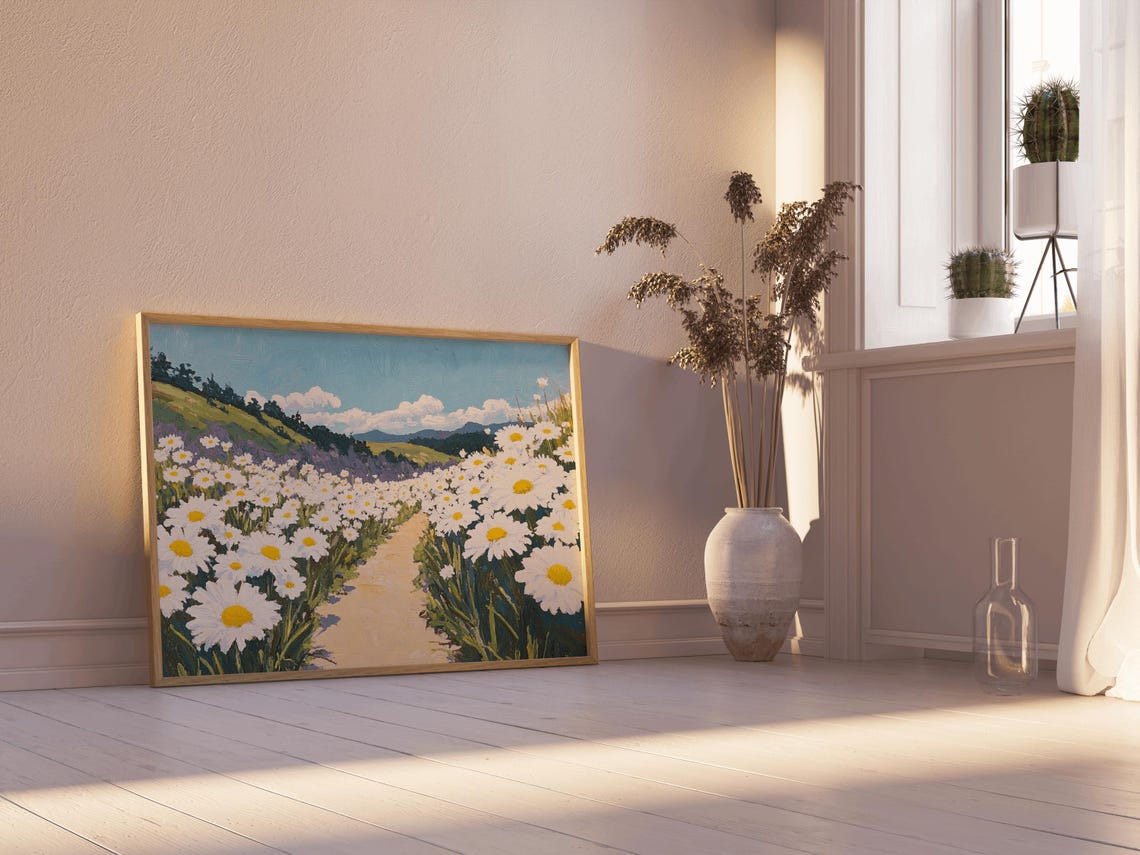White Daisy Path Painting Field Of Daisies Hills Landscape Poster - Image 3