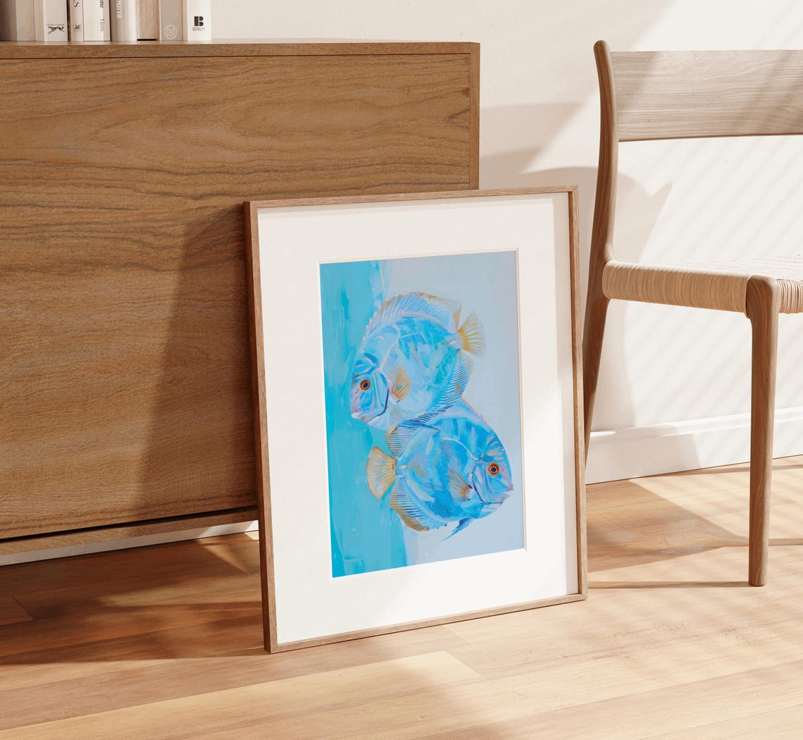 Pair of Blue Discus Fish Watercolor Aquarium Coastal Art Print - Image 2