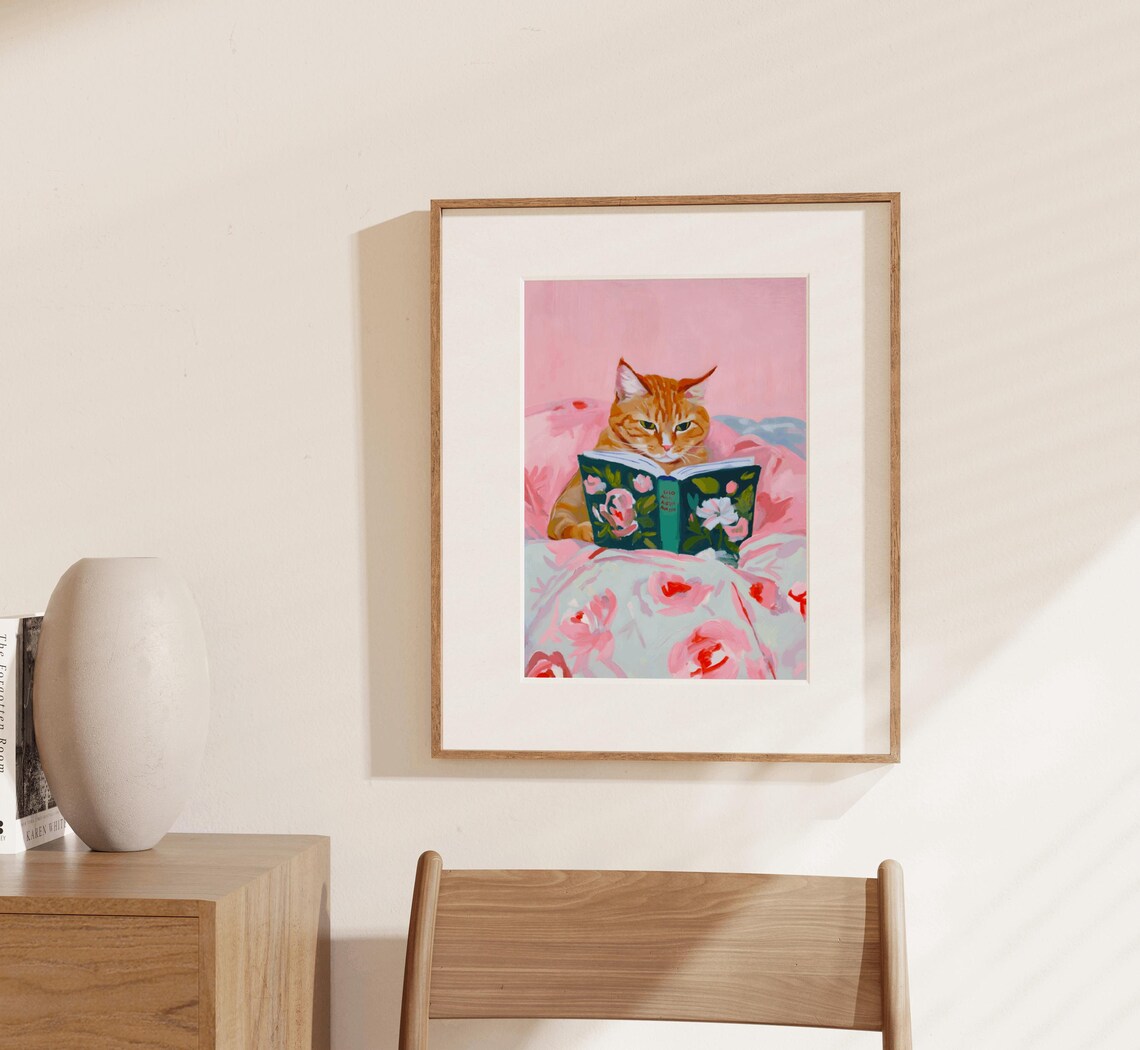 Ginger Cat Book Lover Art Print, Trendy Apartment Decor - Image 3