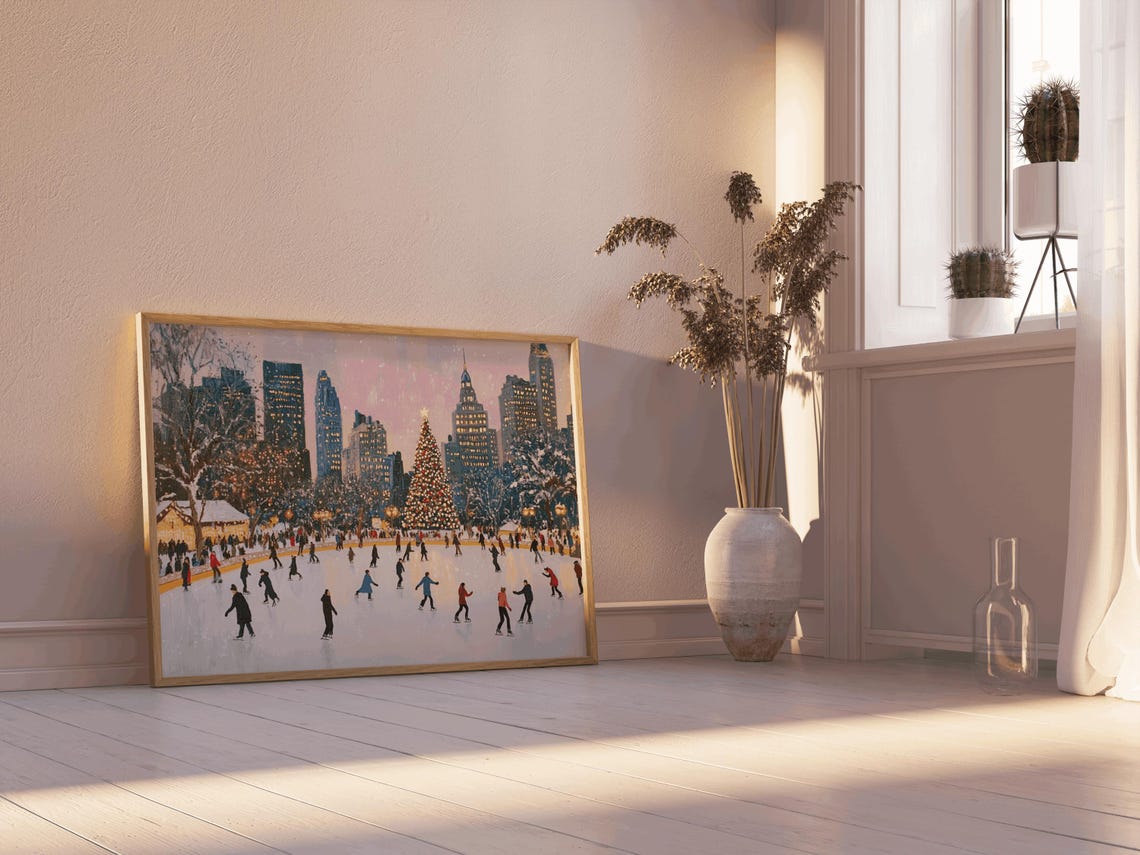 Christmas in New York Ice Skating Rink Skyline Evening Poster - Image 2