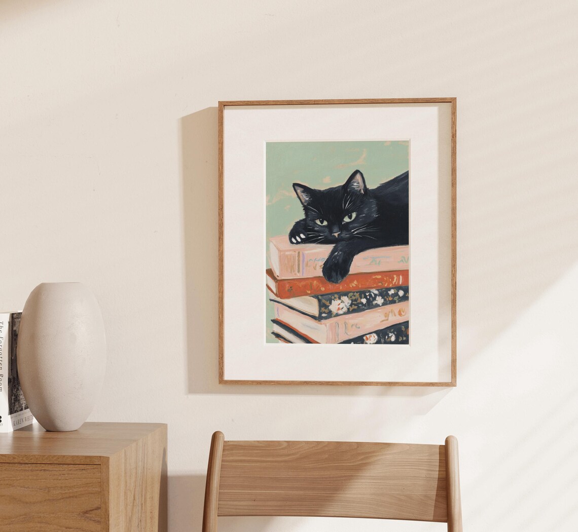 Black Cat Book Lover Art Print, Apartment Aesthetic - Image 2