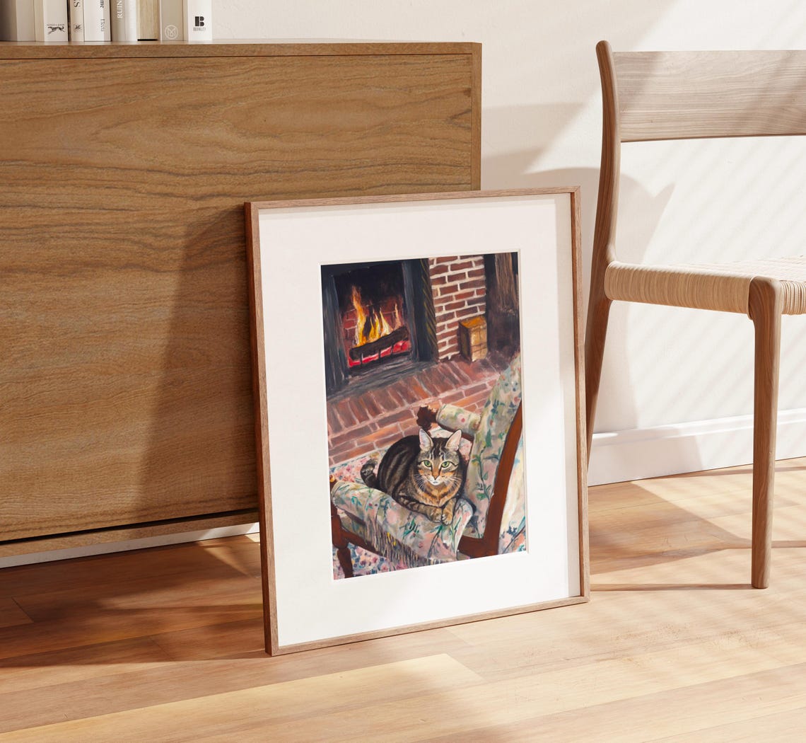 Brown Tabby Cat on Floral Chair by Brick Fireplace Art Poster