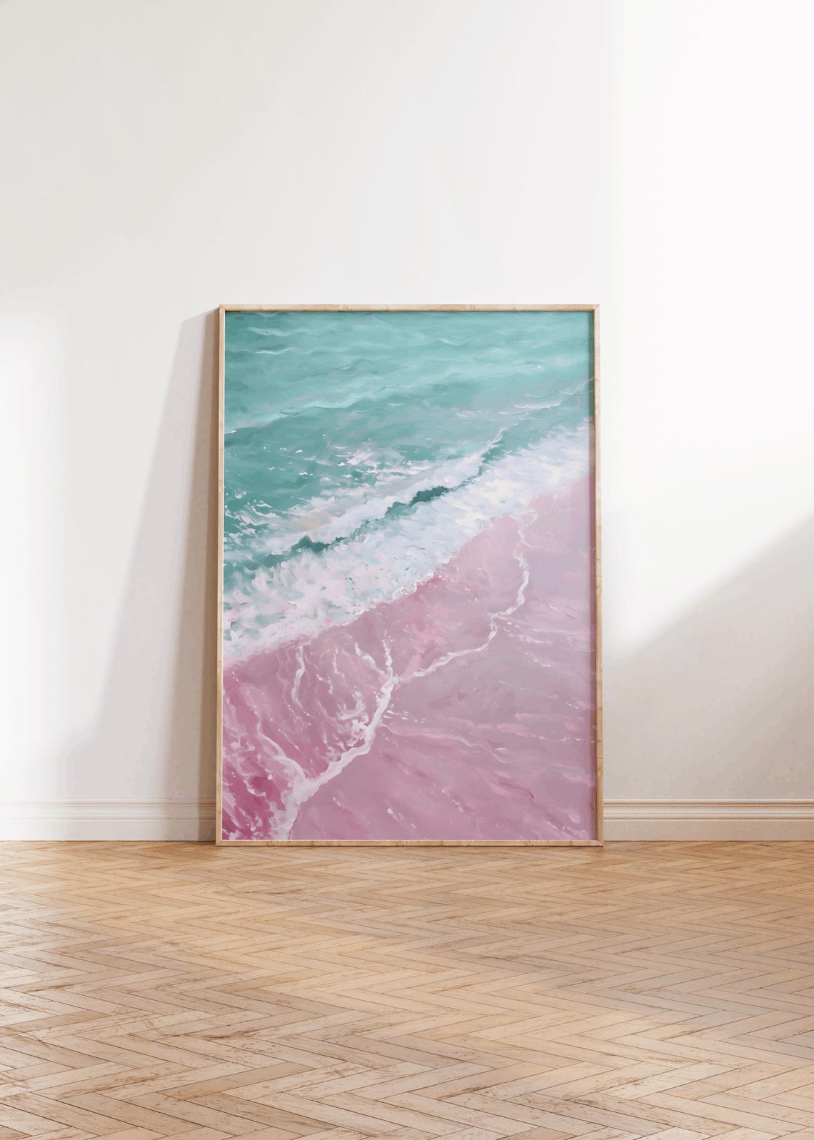 Pink Sand Shoreline With Turquoise Waves Aerial Ocean Poster - Image 3