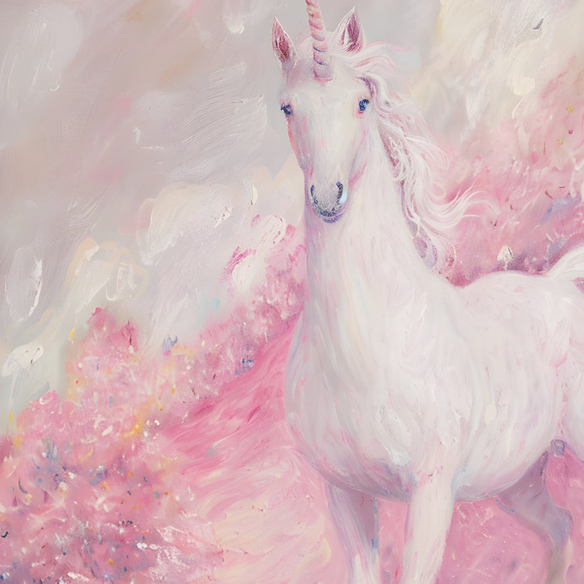 White Unicorn in Pink Flower Field Magical Fantasy Art Print - Image 3