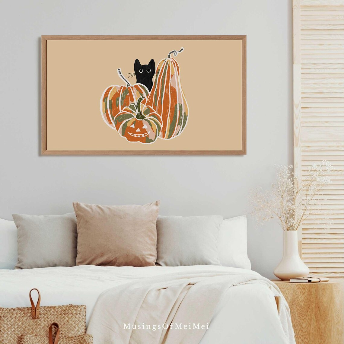 Black Cat Peeking Behind Halloween Pumpkins Autumn Cute Kitten Art Poster - Image 2